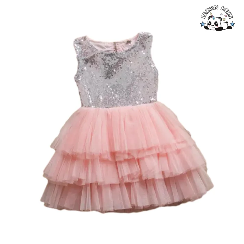 LEZONKIDS - Envio Grátis Atacado Personalizado Vestido de Verão para Meninas Top de Lantejoulas Coração Fofo Corte Tule para Bebê
